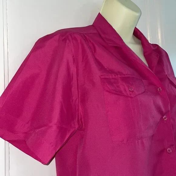 Vintage 80s Rikrak fuchsia pink polyester short sleeve button down shirt - Picture 5 of 8